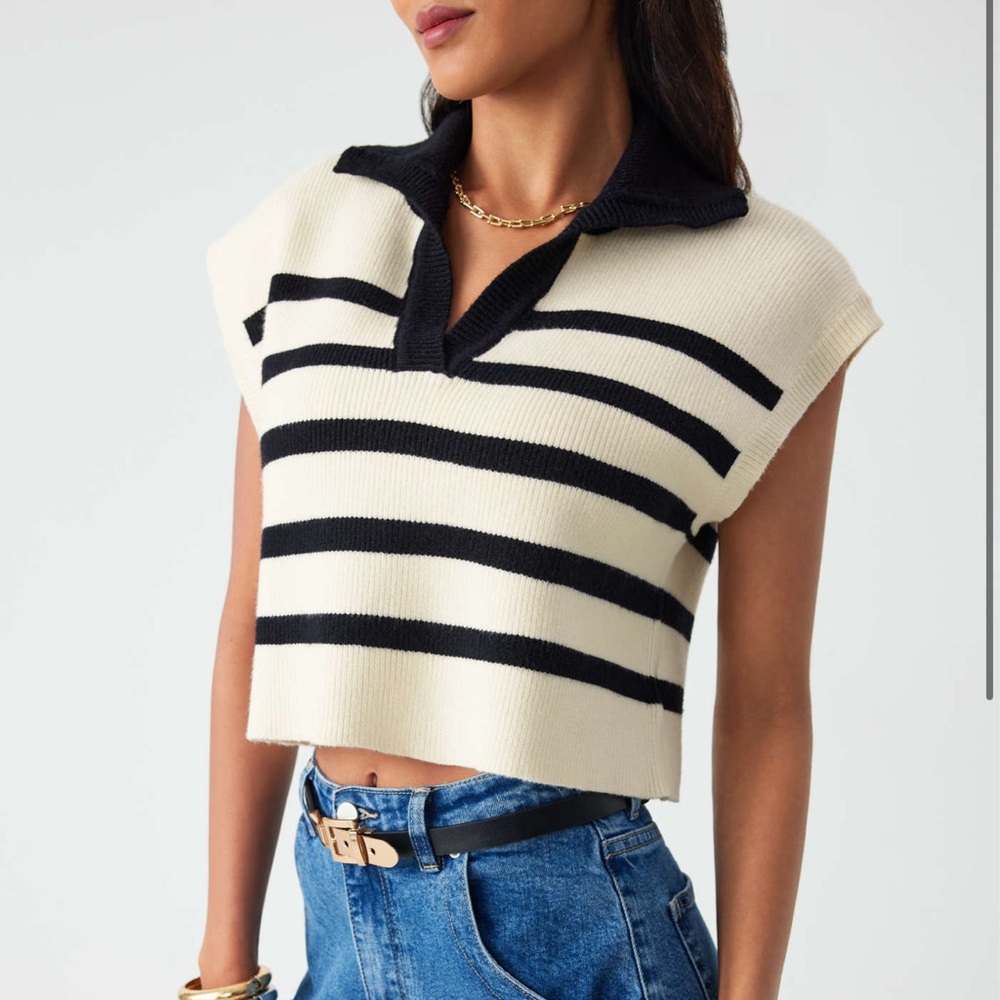 CIDER V-Neck Knit Striped Polo Vest Top Women’s Size XL White & Black